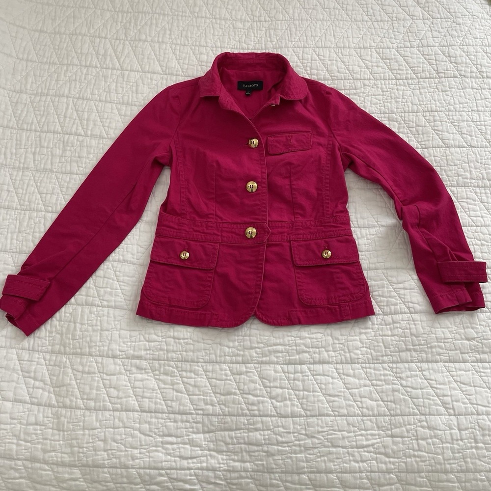 Talbots Women's Pink Basic Jacket Button Front Pockets Collared Long Sleeve 2